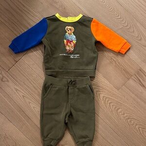 Ralph Lauren Kids' Olive Green Jogger Set with Blue and Orange Sleeves